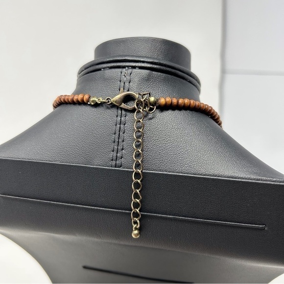 Bohemian Long Blue and Brown Beaded Necklace with Layered Copper Round Medallion - Picture 4 of 7